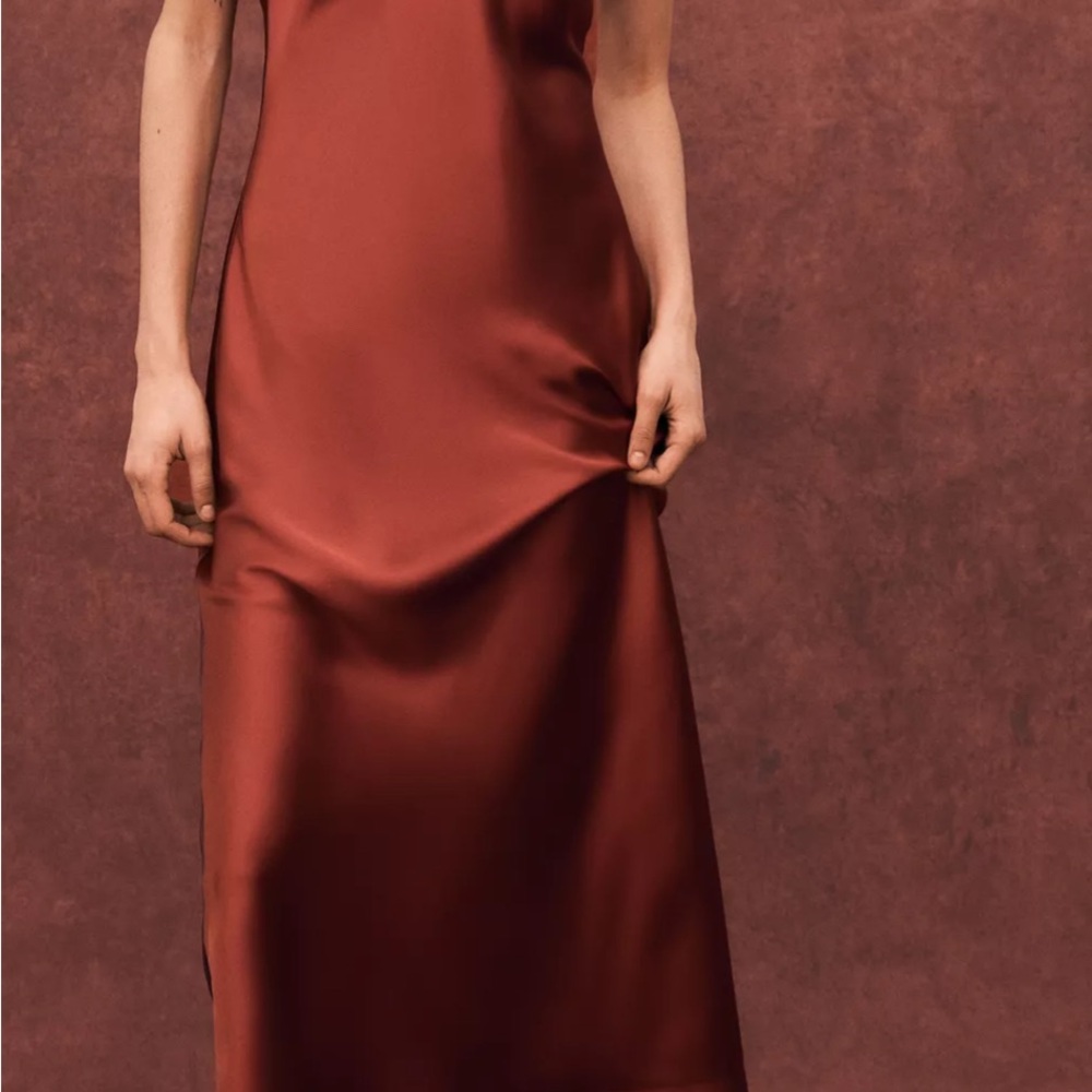 Zara Reddish Satin Effect Midi Dress - Picture 2 of 4